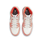 Jordan 1 Mid SE Orange Suede (GS) sneakers featuring smooth white leather and orange suede accents.