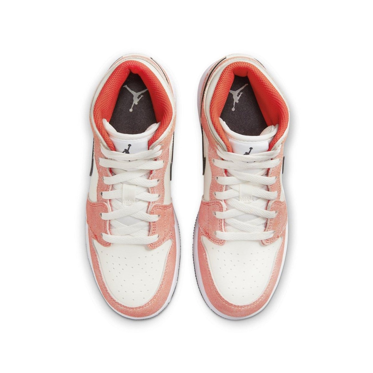 Jordan 1 Mid SE Orange Suede (GS) sneakers featuring smooth white leather and orange suede accents.