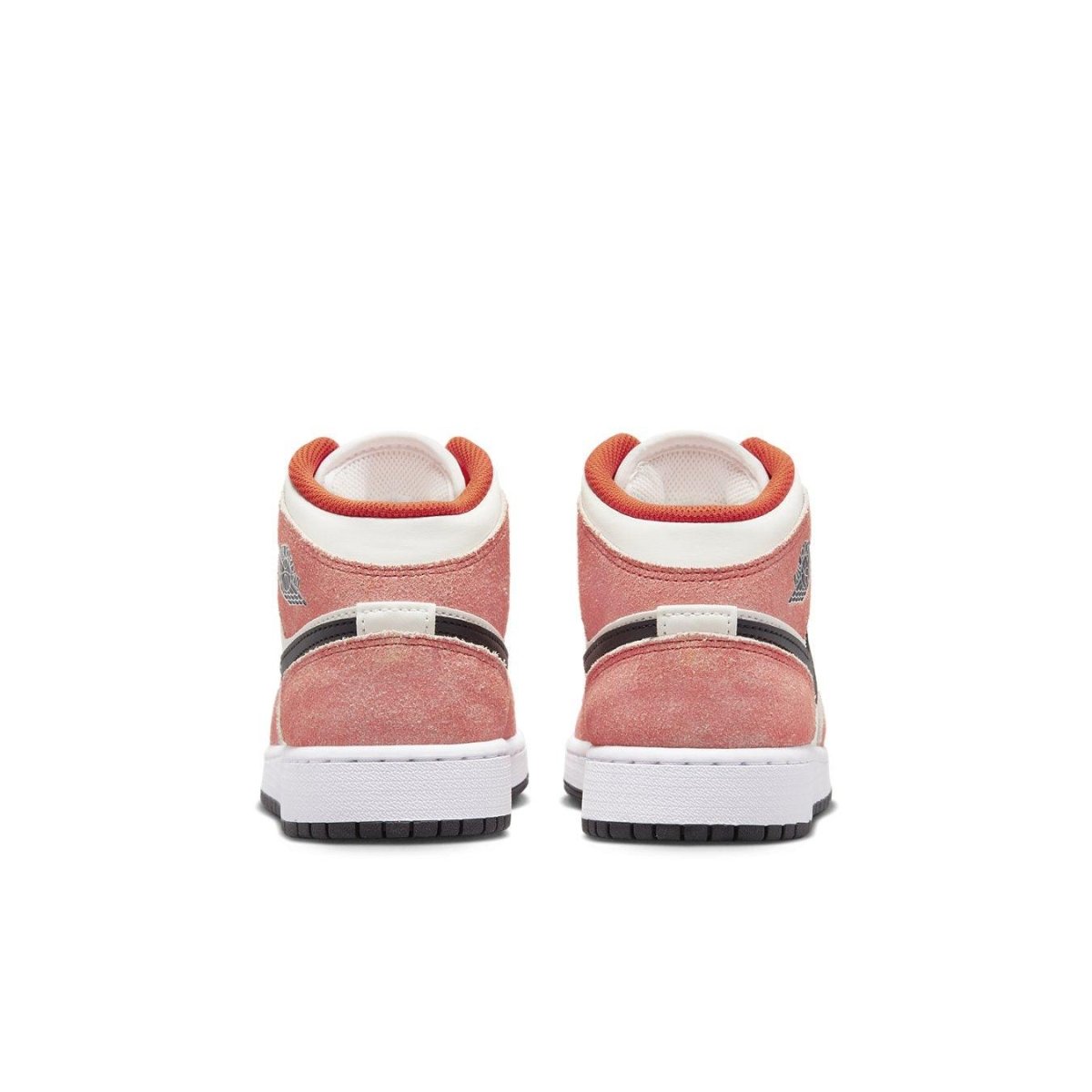 Back view of Jordan 1 Mid SE Orange Suede sneakers featuring orange suede and black details.