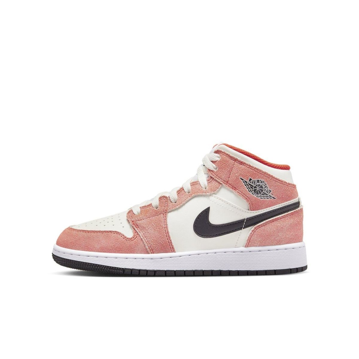 Nike Air Jordan 1 Mid SE in orange suede with white leather and black Swoosh, side view.