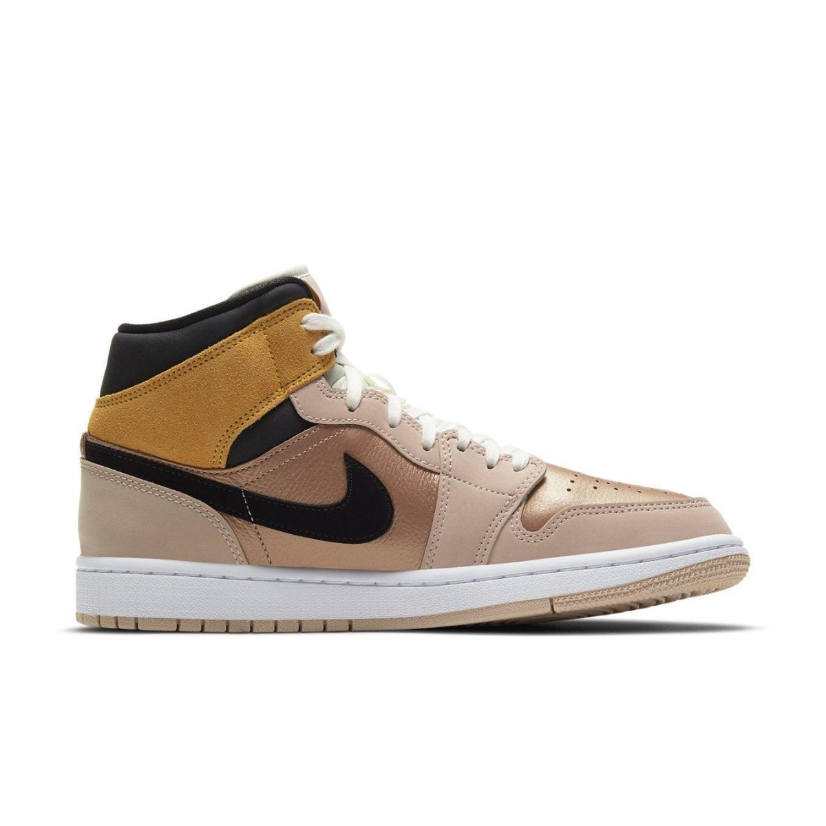 Jordan 1 Mid SE Particle Beige women's sneaker featuring a mix of beige, black, and golden accents in a stylish design.