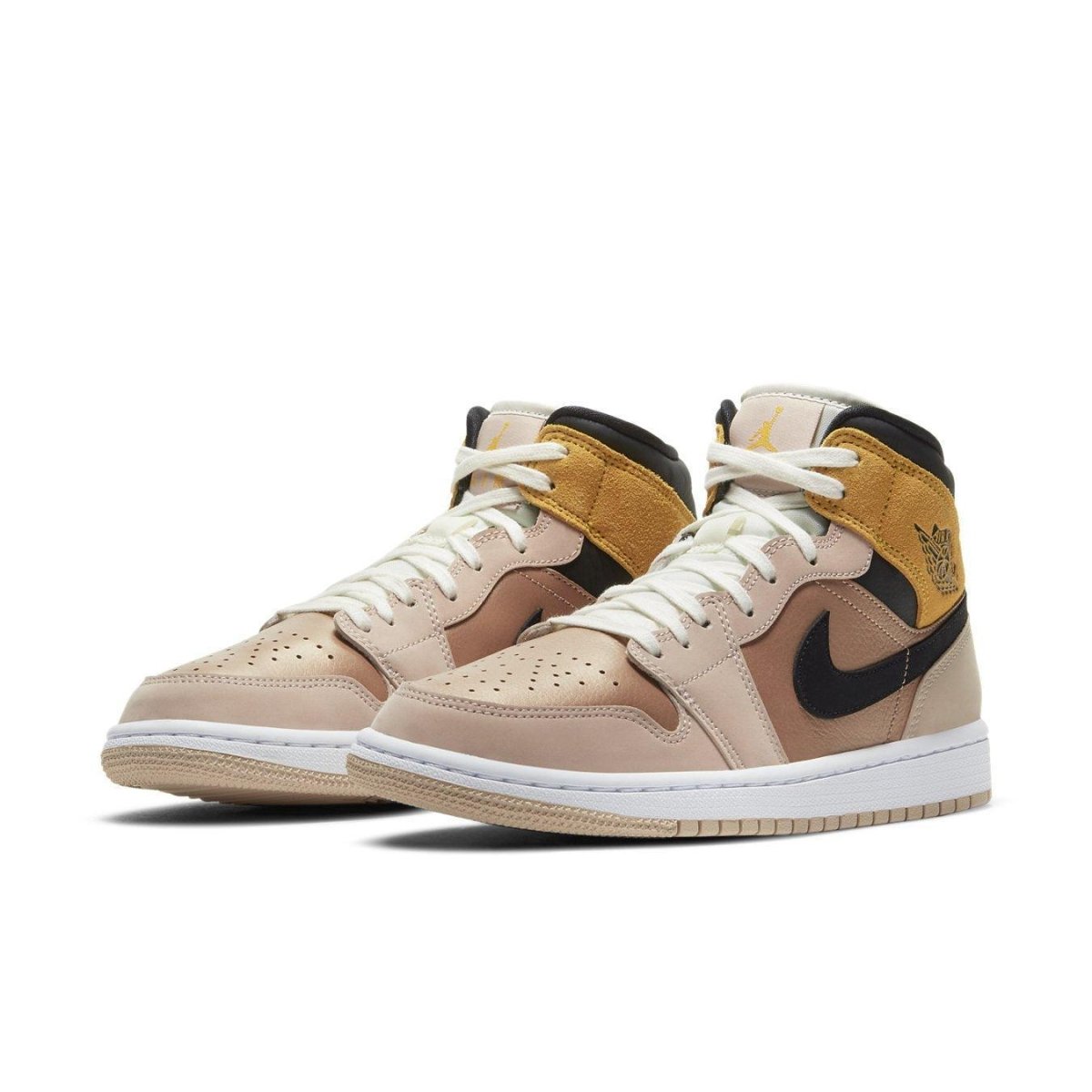 Jordan 1 Mid SE Particle Beige (W) sneakers featuring a beige upper, black swoosh, and stylish yellow accents.
