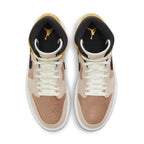 Air Jordan 1 Mid SE Particle Beige women's sneakers in beige and black, showcasing iconic design and style.