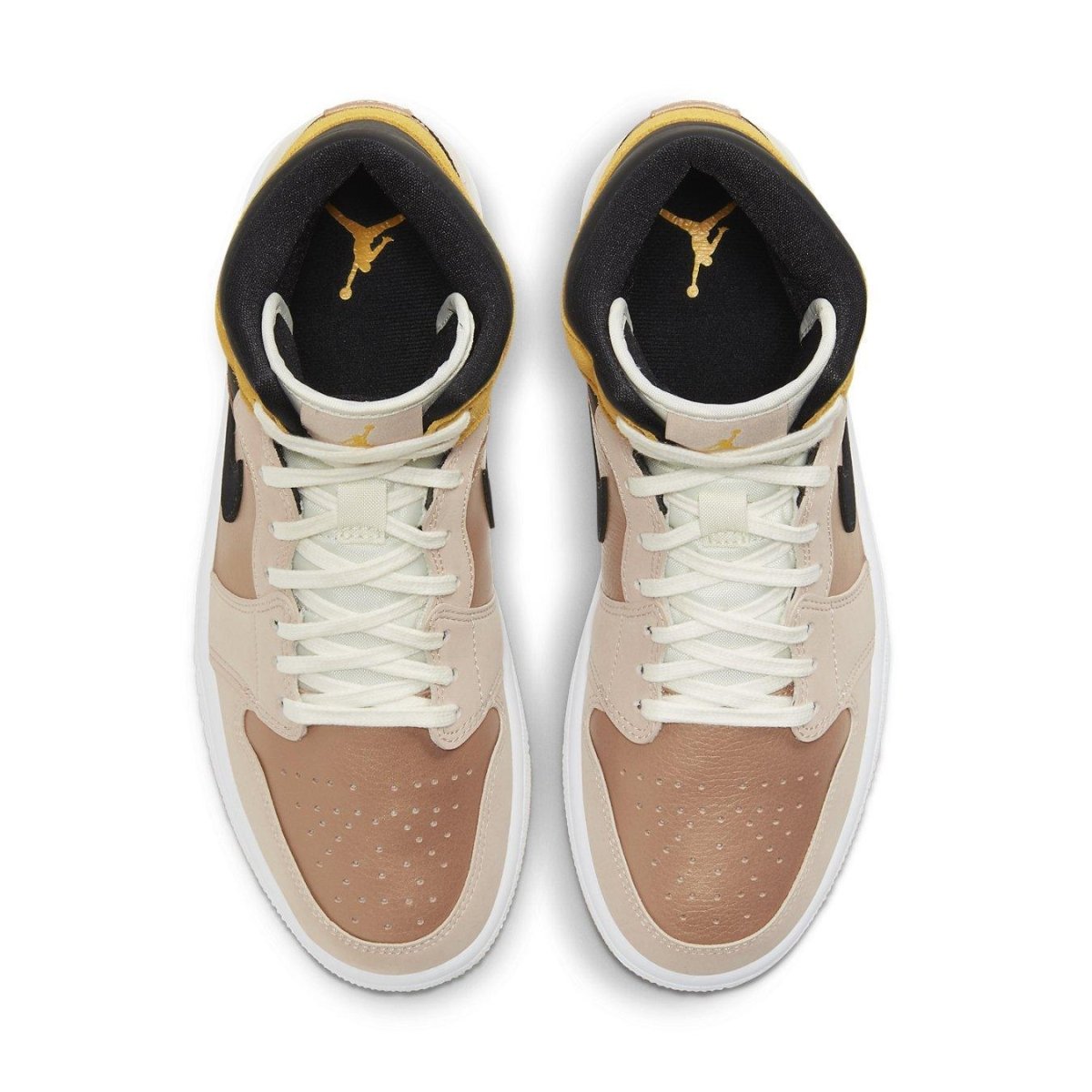 Air Jordan 1 Mid SE Particle Beige women's sneakers in beige and black, showcasing iconic design and style.
