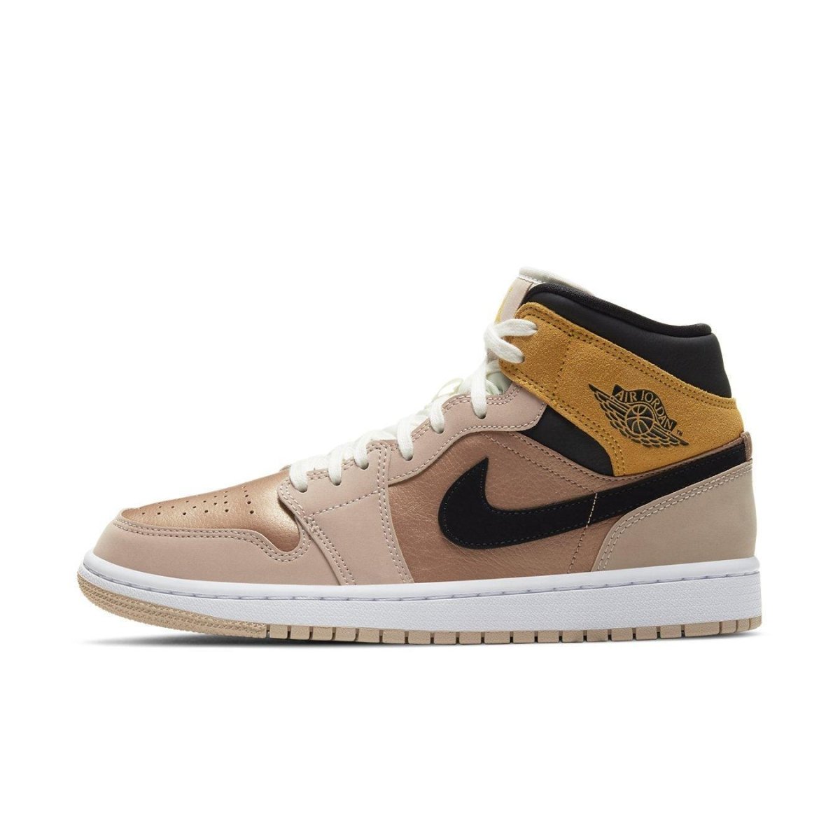 Air Jordan 1 Mid SE Particle Beige Women's sneaker featuring beige and black colorway, iconic design and stylish look.