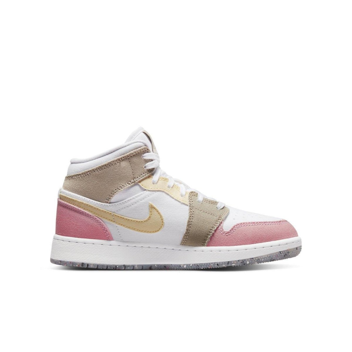 Air Jordan 1 Mid SE in pastel green, pink, and beige with a sleek design and signature Nike details.