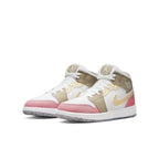 Air Jordan 1 Mid SE Pastel Vivid Green Grind sneakers in beige, pink and gold with signature Jordan logo.