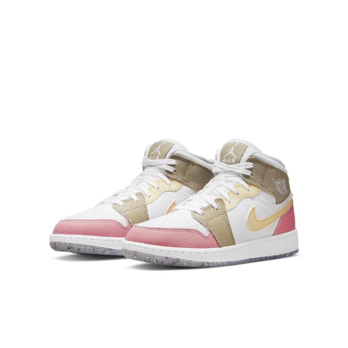 Air Jordan 1 Mid SE Pastel Vivid Green Grind sneakers in beige, pink and gold with signature Jordan logo.