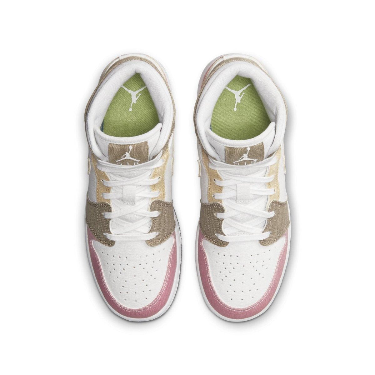 Jordan 1 Mid SE Pastel Vivid Green Grind sneakers in beige, pink, and cream with green insole.