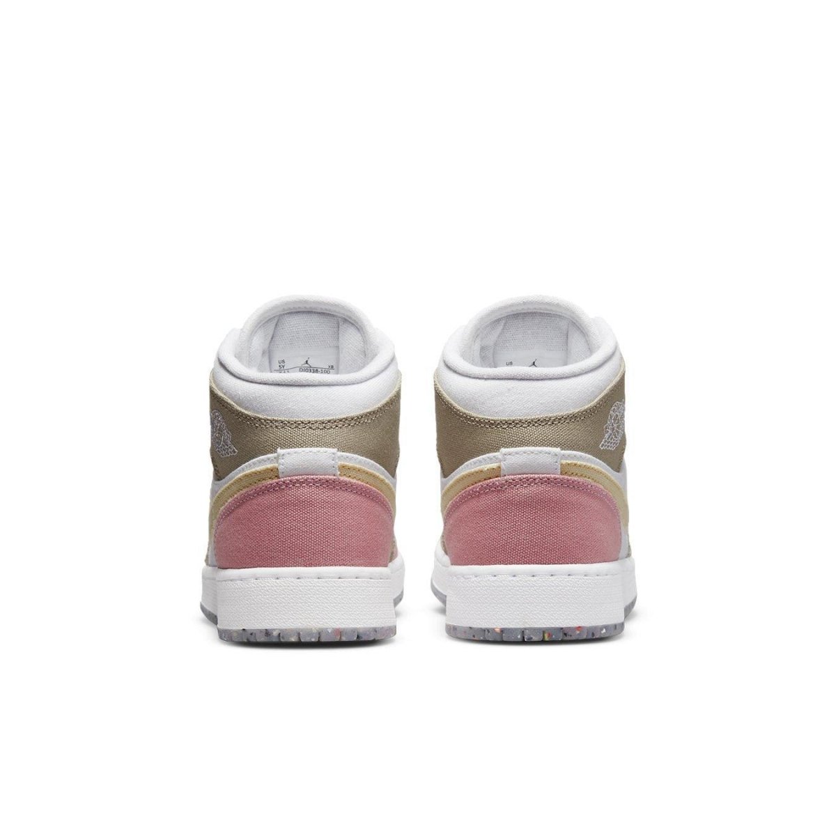 Air Jordan 1 Mid SE Pastel Vivid Green Grind shoes, featuring pastel pink and tan detailing on the back.