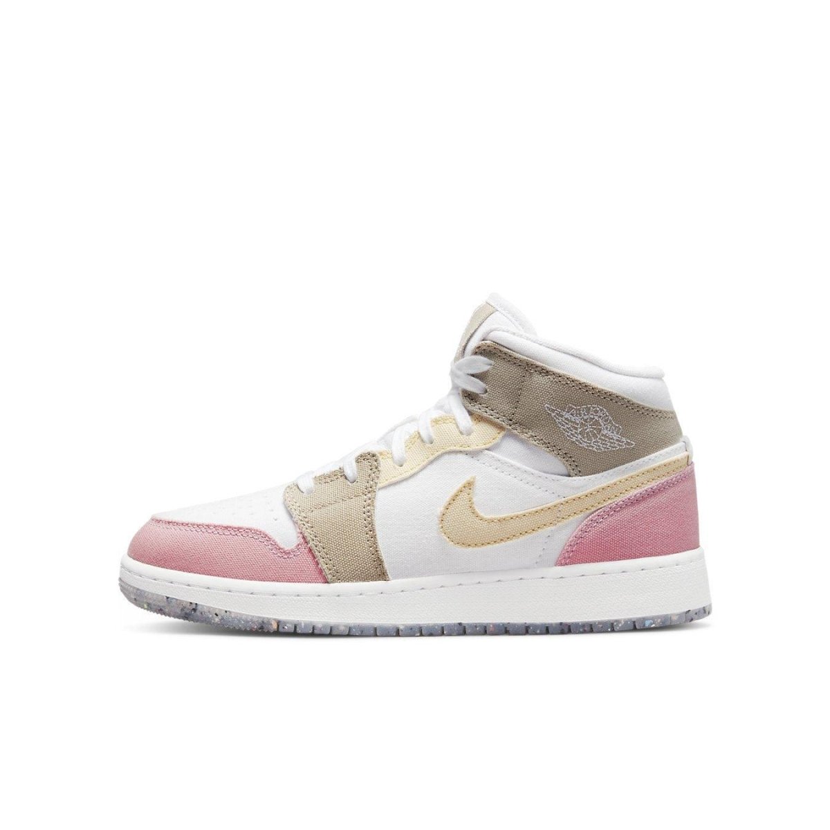 Jordan 1 Mid SE in pastel green and pink hues, featuring beige and gold accents, ideal for stylish casual wear.