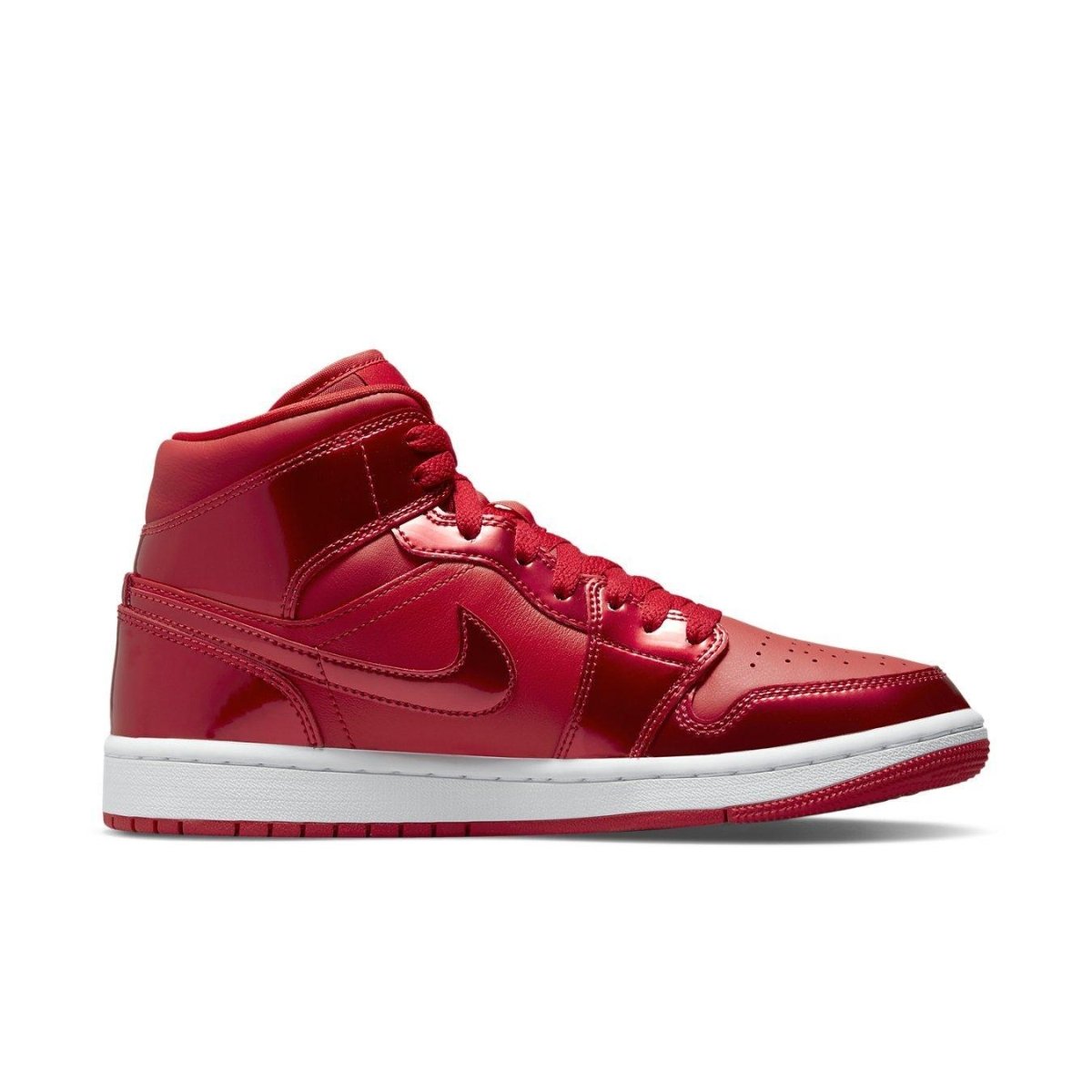 Nike Jordan 1 Mid SE Pomegranate women's sneaker in bright red leather with a glossy finish.