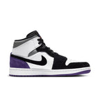 Jordan 1 Mid SE Purple sneaker featuring leather, suede, and mesh materials with classic logo details.