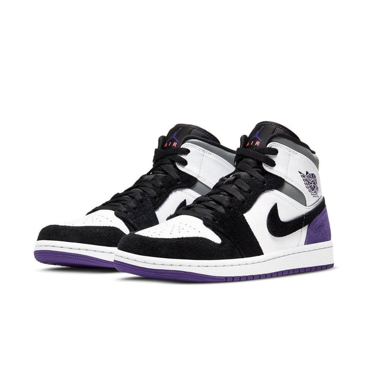 Jordan 1 Mid SE Purple sneaker featuring black, white, and purple suede, leather, and mesh materials.