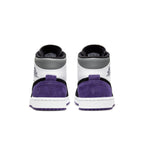 Back view of Jordan 1 Mid SE Purple sneakers showcasing suede and mesh design.