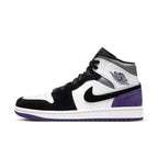 Jordan 1 Mid SE Purple sneaker featuring mixed materials, classic swoosh, and vibrant purple accents.