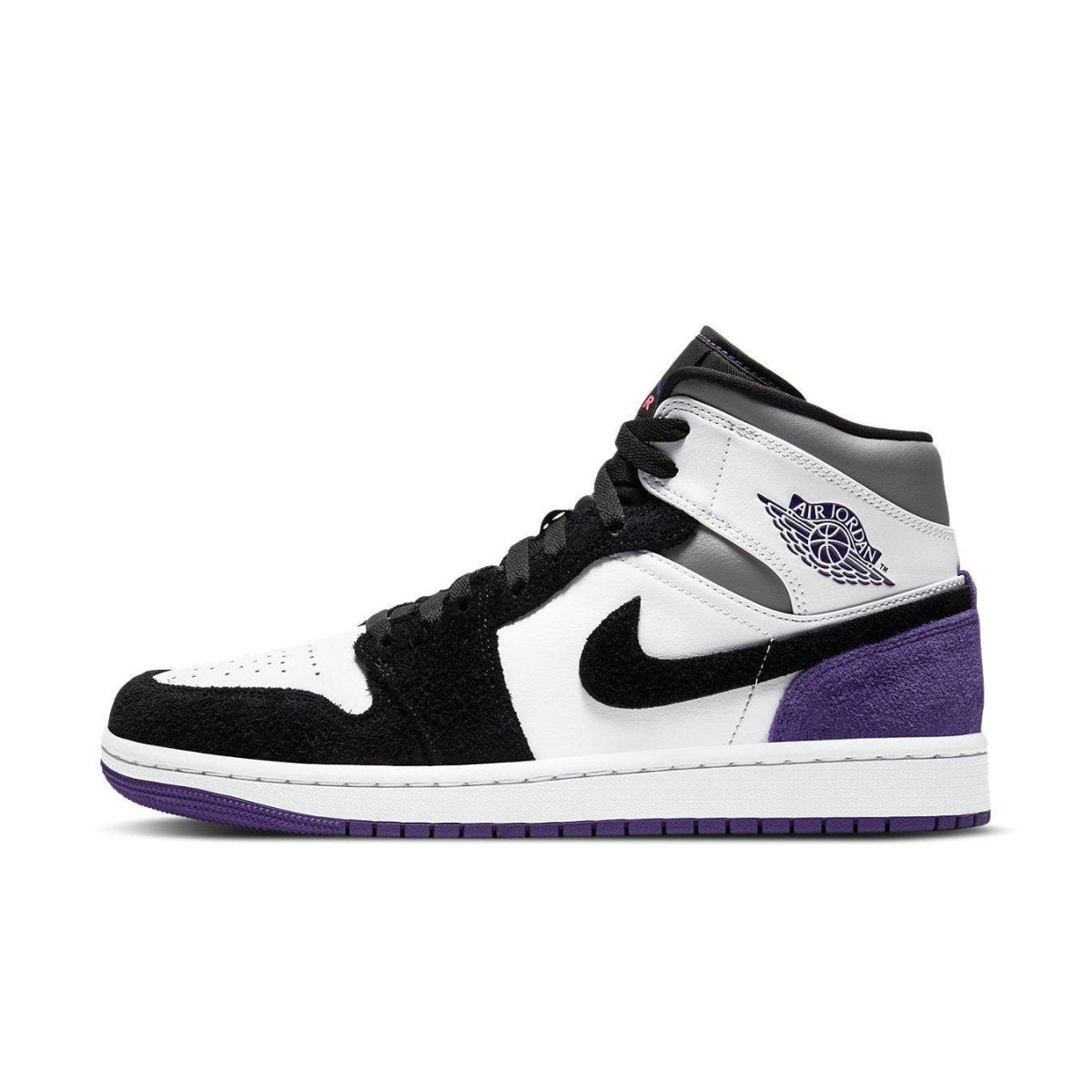 Jordan 1 Mid SE Purple sneaker featuring mixed materials, classic swoosh, and vibrant purple accents.