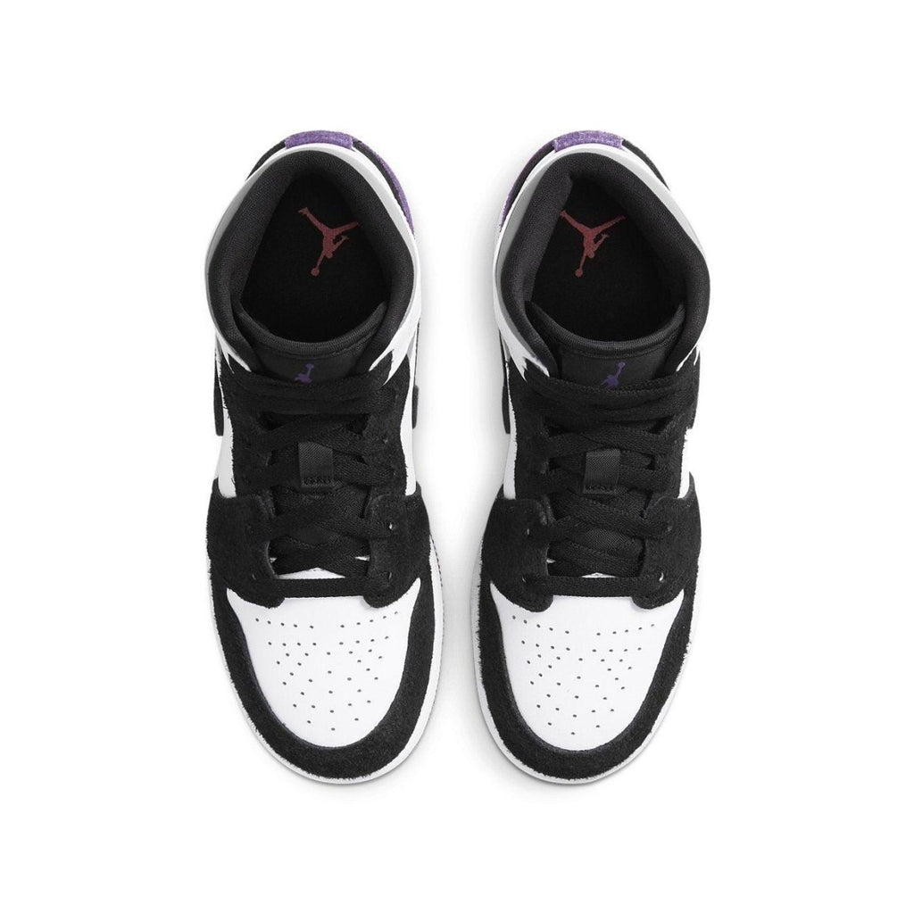Air Jordan 1 Mid SE Purple (GS) sneaker top view with black, white, and purple color scheme.