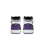Back view of the Jordan 1 Mid SE Purple (GS) sneakers with suede details and classic color scheme.