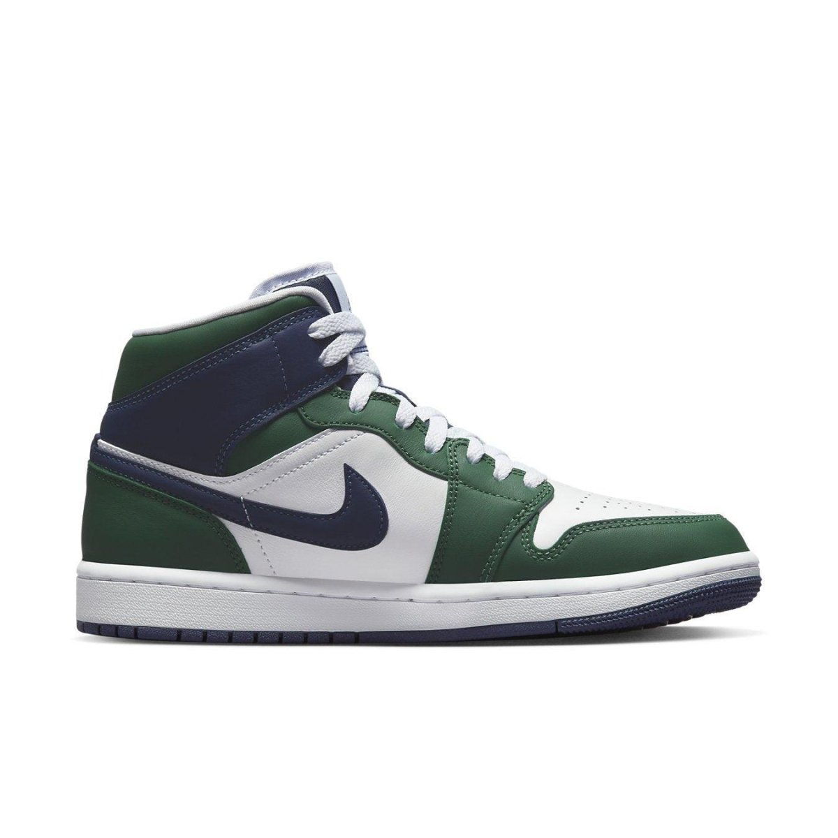 Nike Air Jordan 1 Mid SE Seahawks sneakers in green, navy, and white, inspired by Seattle Seahawks colors.