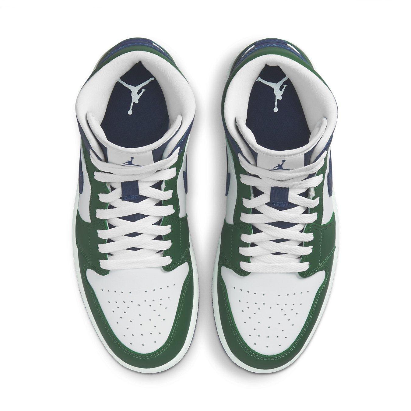 Top view of the Air Jordan 1 Mid SE Seahawks (W) featuring green, navy, and white colors with iconic Jumpman logo.