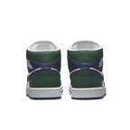 Rear view of Jordan 1 Mid SE Seahawks women's sneakers in green and navy blue.