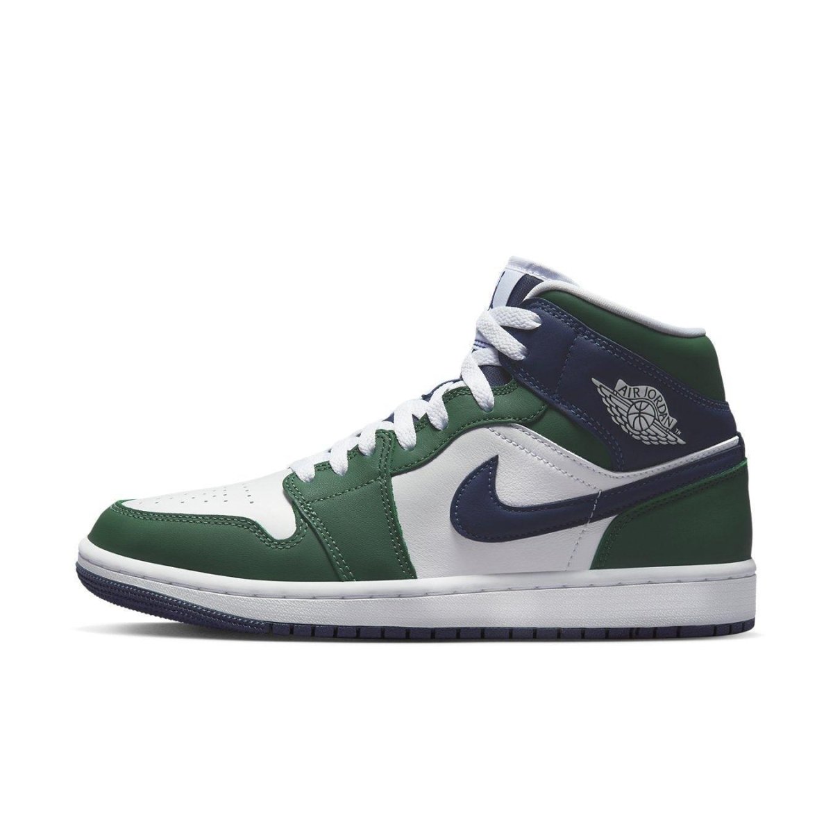 Air Jordan 1 Mid SE Seahawks sneakers in white, green, and navy blue colors, featuring iconic Jumpman logo.