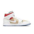 Jordan 1 Mid SE Sesame (W) featuring premium leather, padded collar, and perforated outer layers.