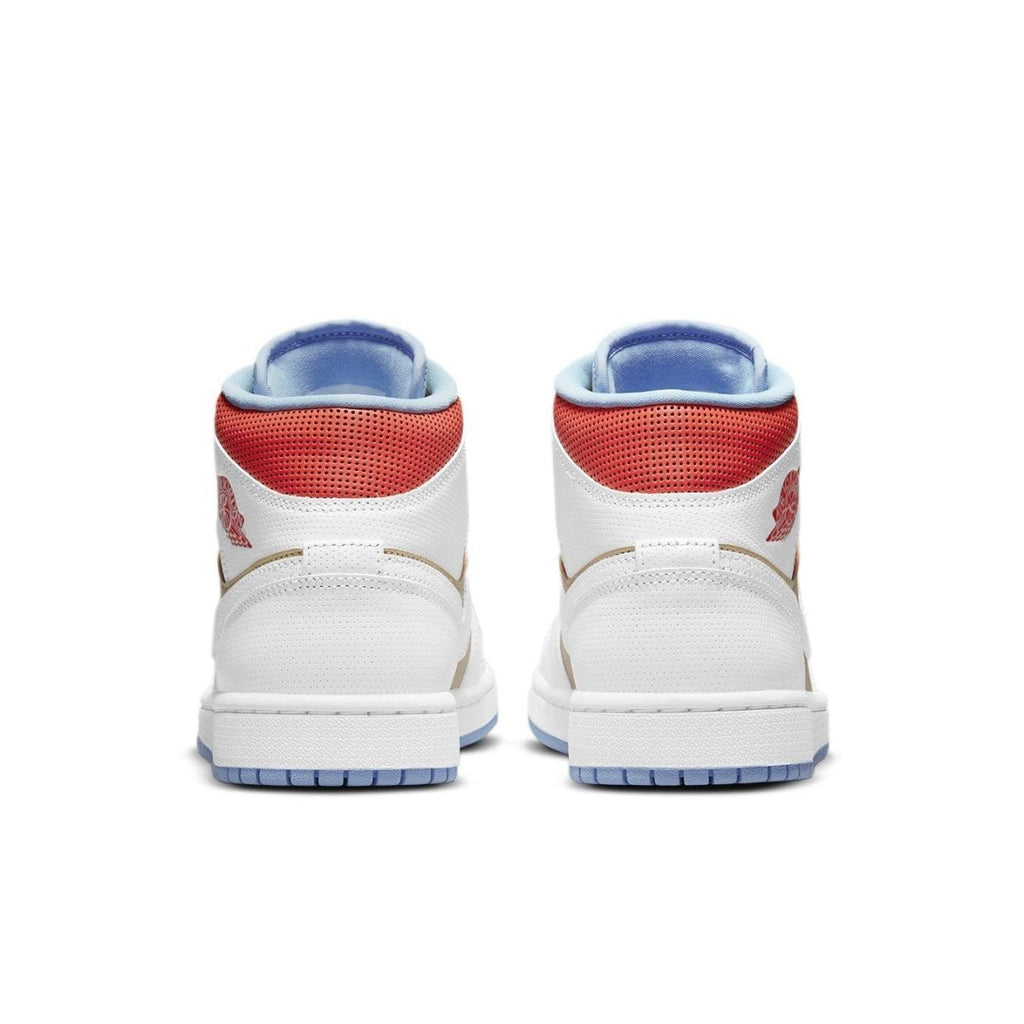 Retro Jordan 1 Mid SE Sesame women's sneaker, featuring premium leather and cushioned collar in white and red colorway.
