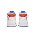 Retro Jordan 1 Mid SE Sesame women's sneaker, featuring premium leather and cushioned collar in white and red colorway.