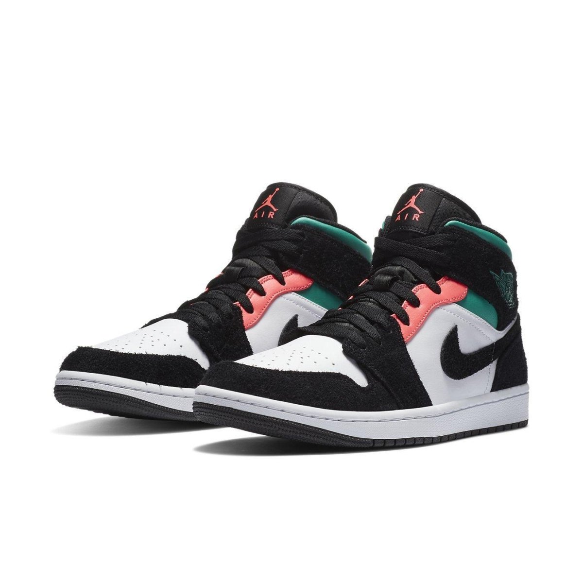 Jordan 1 Mid SE South Beach sneakers with white, black, pink, and turquoise colorway on a white sole.