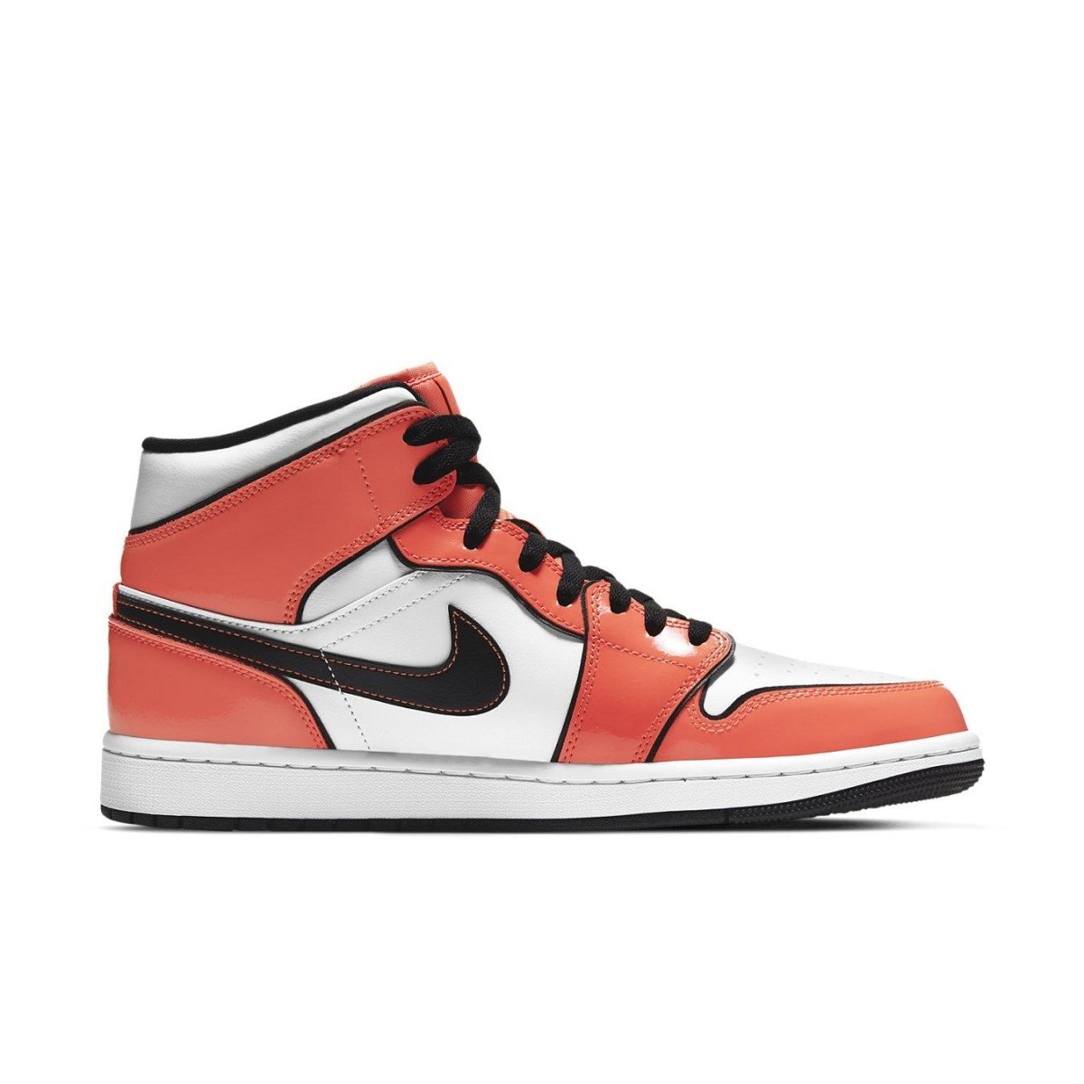 Nike Air Jordan 1 Mid SE Turf Orange sneaker with glossy orange and white leather uppers.