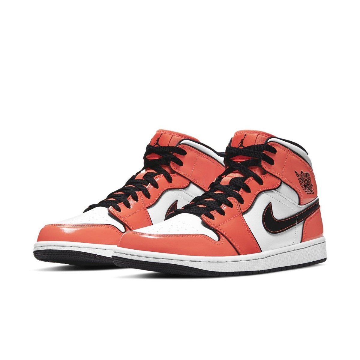 Jordan 1 Mid SE Turf Orange sneakers featuring glossy Turf Orange and white leather design.