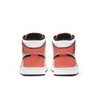 Rear view of the Air Jordan 1 Mid SE in Turf Orange, showcasing glossy leather and signature design elements.