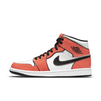 Air Jordan 1 Mid SE Turf Orange sneaker featuring glossy orange and white leather design.