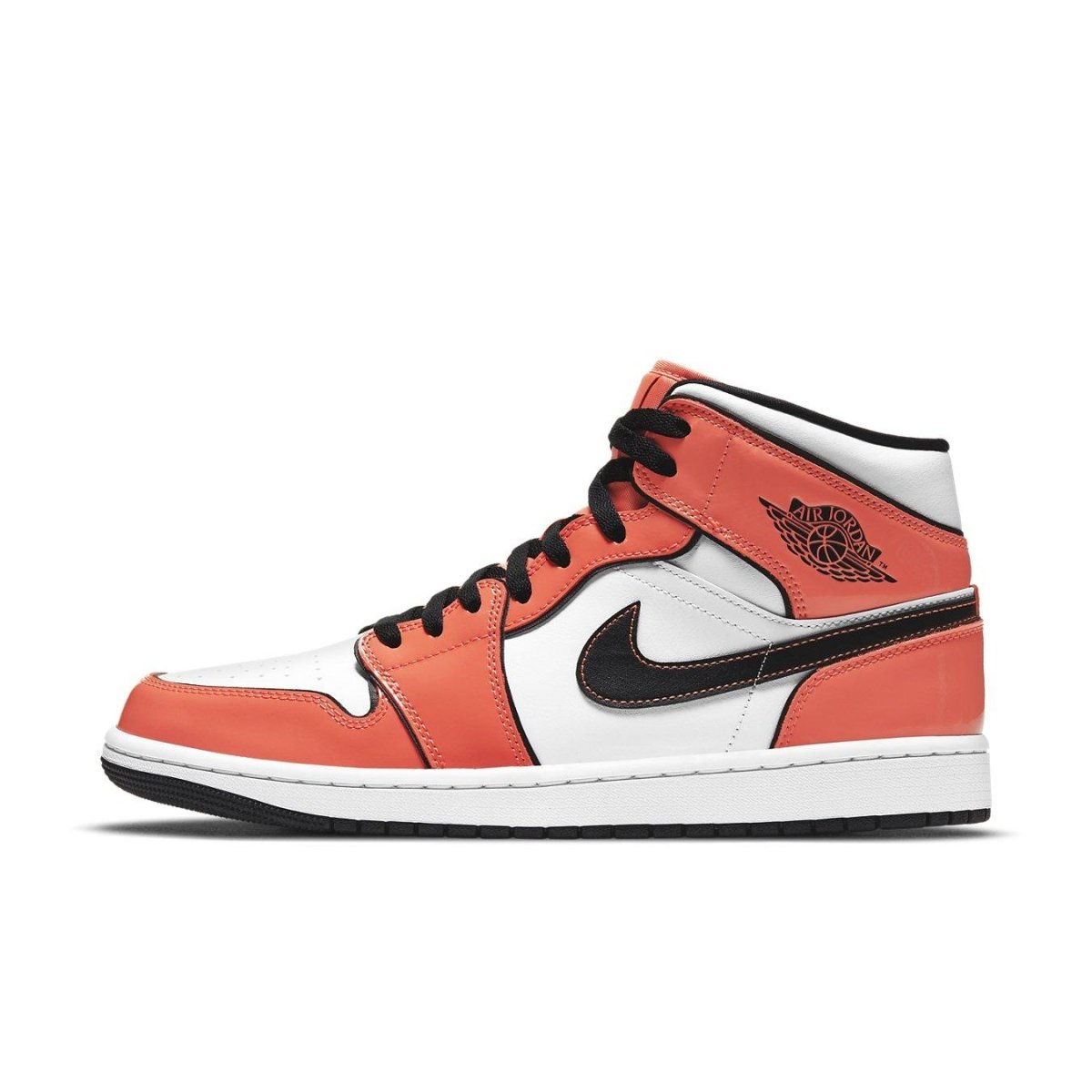 Air Jordan 1 Mid SE Turf Orange sneaker featuring glossy orange and white leather design.
