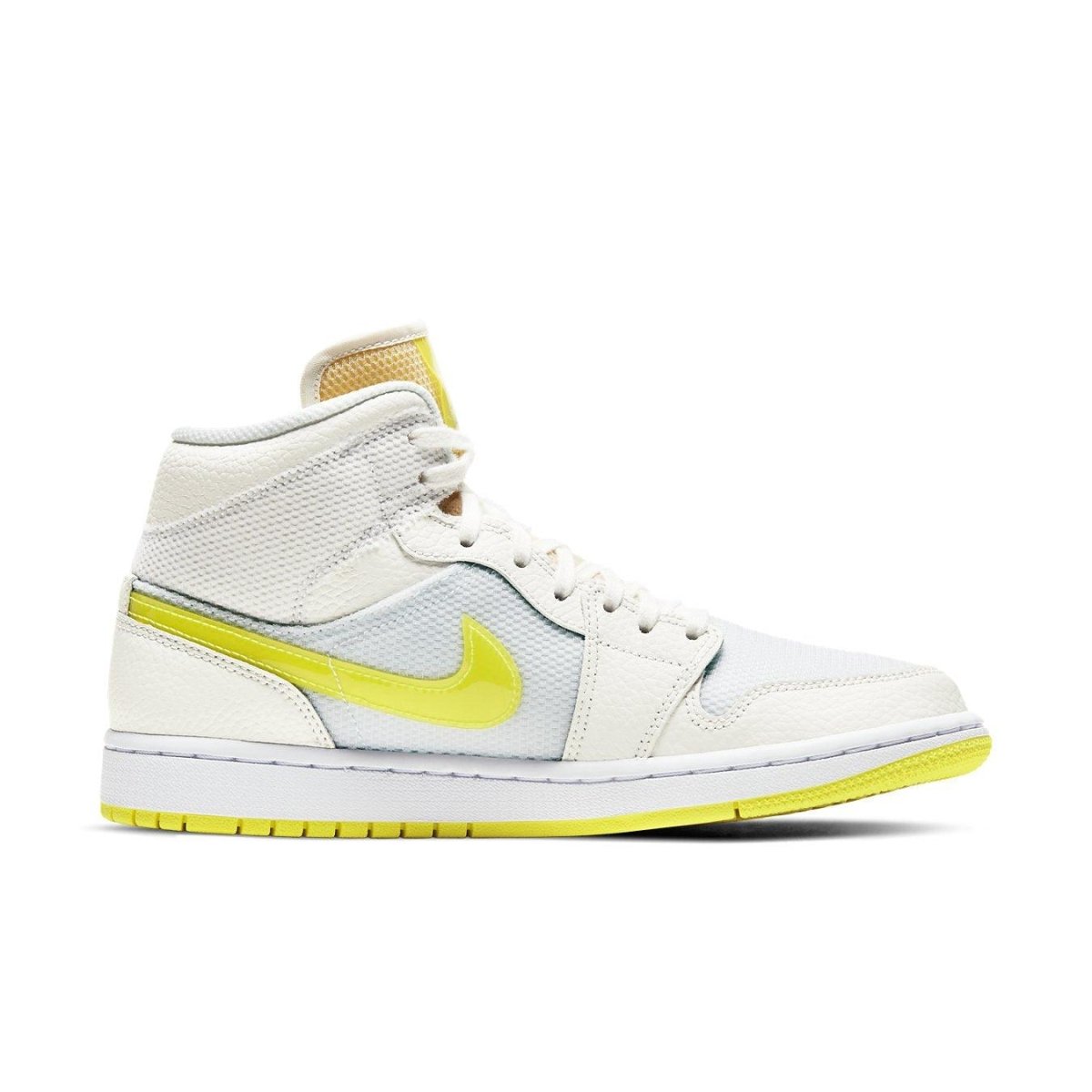Air Jordan 1 Mid SE Voltage Yellow women’s sneaker featuring a vibrant yellow swoosh and white upper.