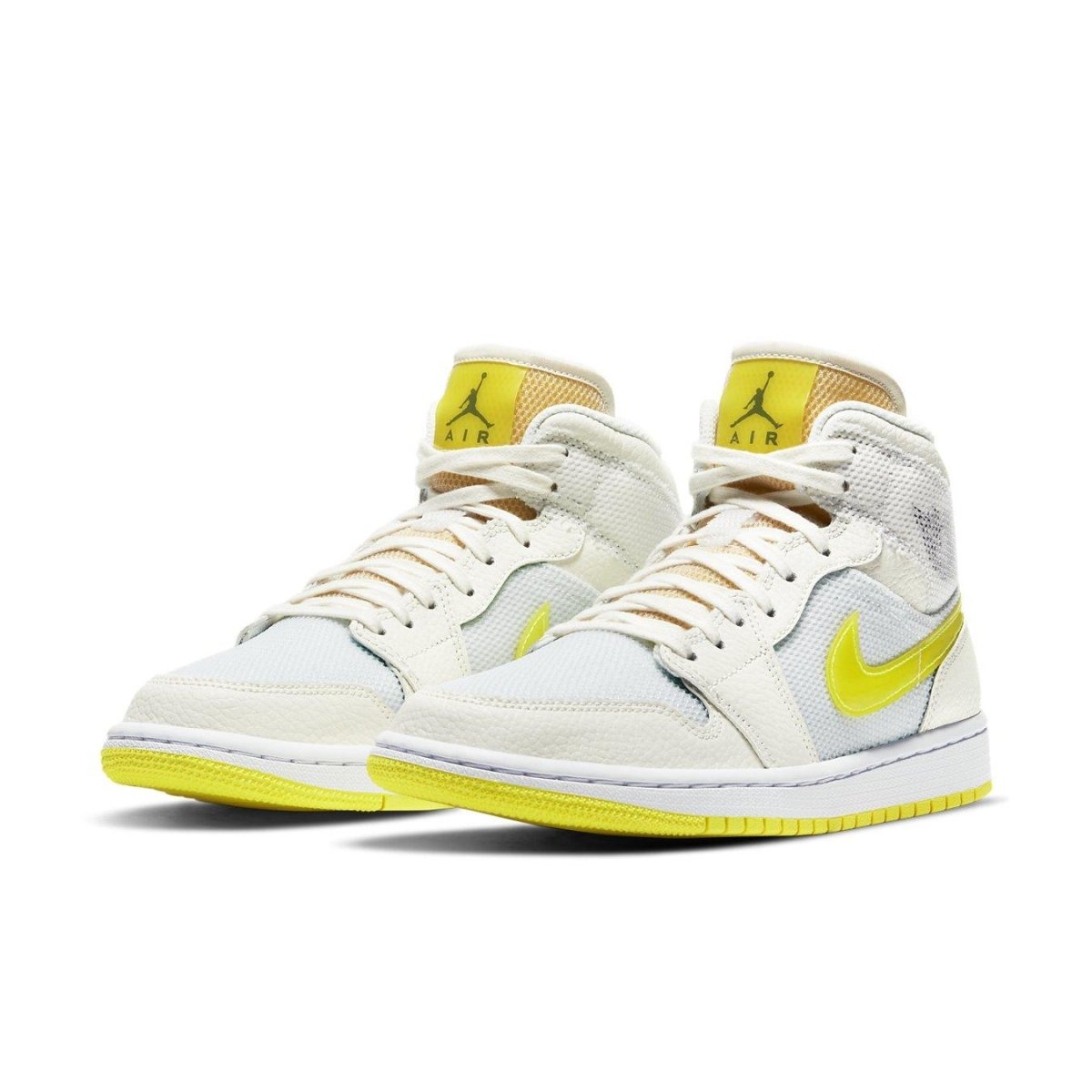 Air Jordan 1 Mid SE Voltage Yellow women's sneakers with lemon yellow accents and cream white base.