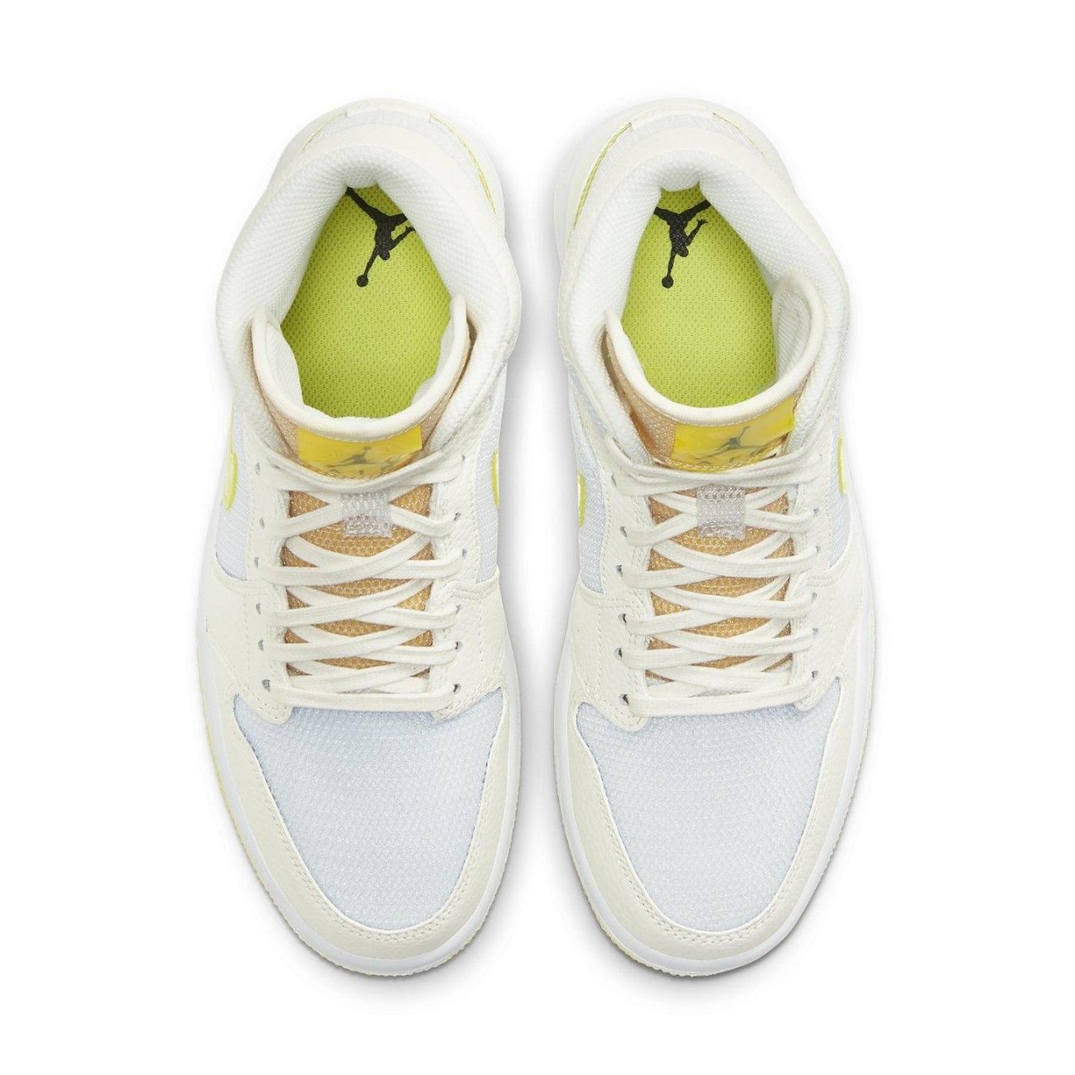 Top view of women's Air Jordan 1 Mid SE Voltage Yellow with white leather and vibrant yellow accents.