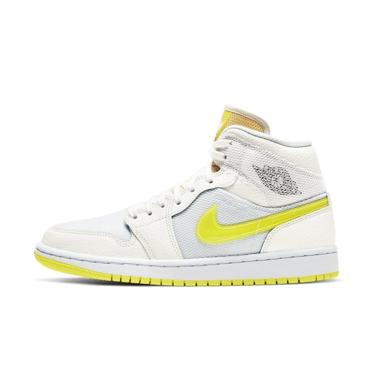 Air Jordan 1 Mid SE Voltage Yellow for women, featuring a vibrant yellow swoosh on a white and cream base.