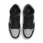 Top view of Air Jordan 1 Mid Shadow Red sneakers featuring gray leather and black accents with red Jumpman logo.