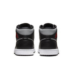 Back view of the Jordan 1 Mid Shadow Red sneakers featuring black and grey leather with Gym Red accents.