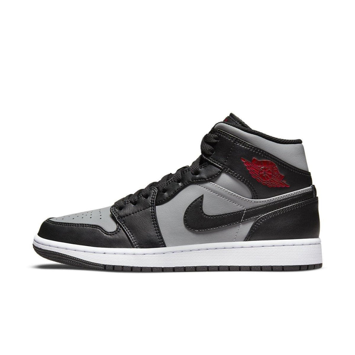 Air Jordan 1 Mid Shadow Red sneaker featuring a gray and black leather upper with red accents.