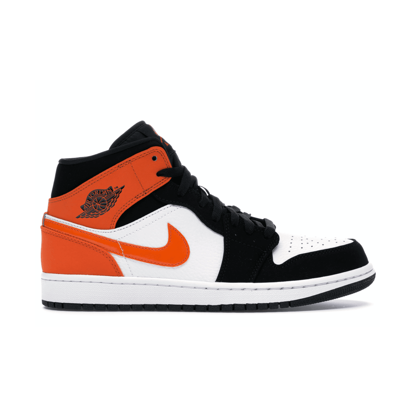 Nike Air Jordan 1 Mid Shattered Backboard in black, orange, and white colorway, inspired by Michael Jordan's iconic dunk.