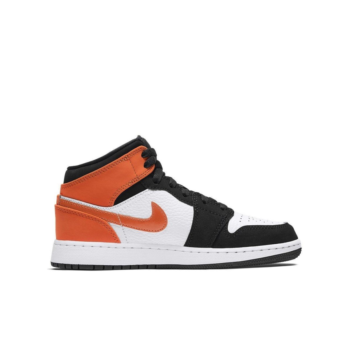 Nike Air Jordan 1 Mid Shattered Backboard GS in black, white, and orange, inspired by Michael Jordan's iconic moment.