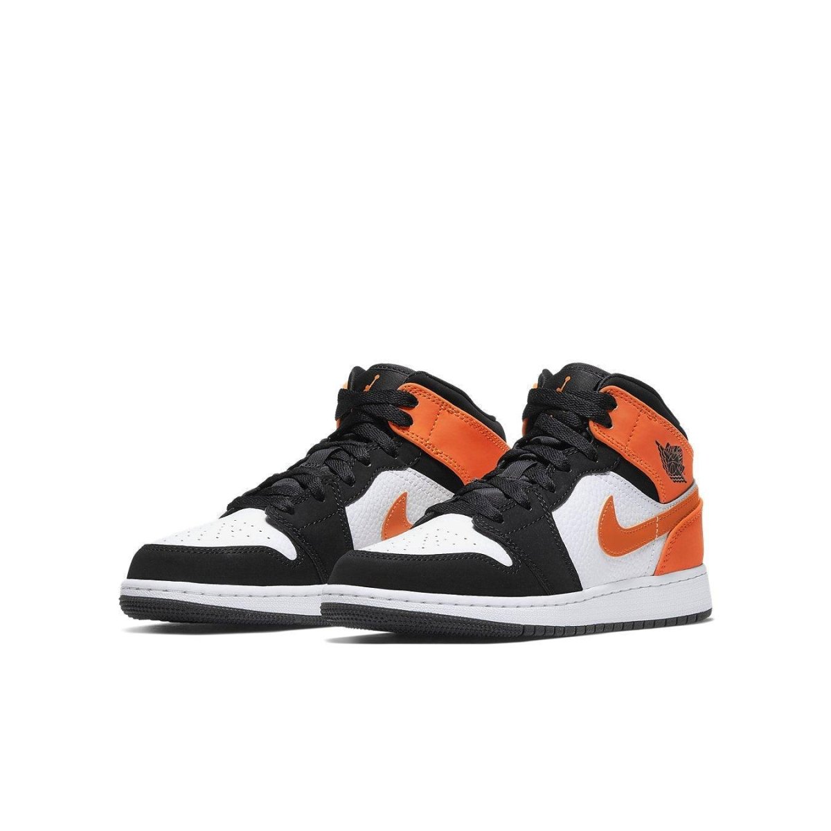 Nike Air Jordan 1 Mid GS Shattered Backboard shoes in black, white, and orange, featuring iconic design and style.