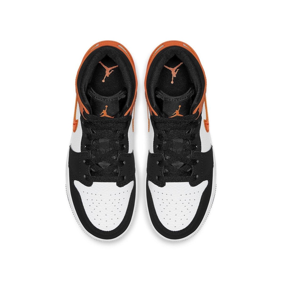 Top view of Nike Air Jordan 1 Mid Shattered Backboard GS sneakers, featuring orange, black, and white color scheme.