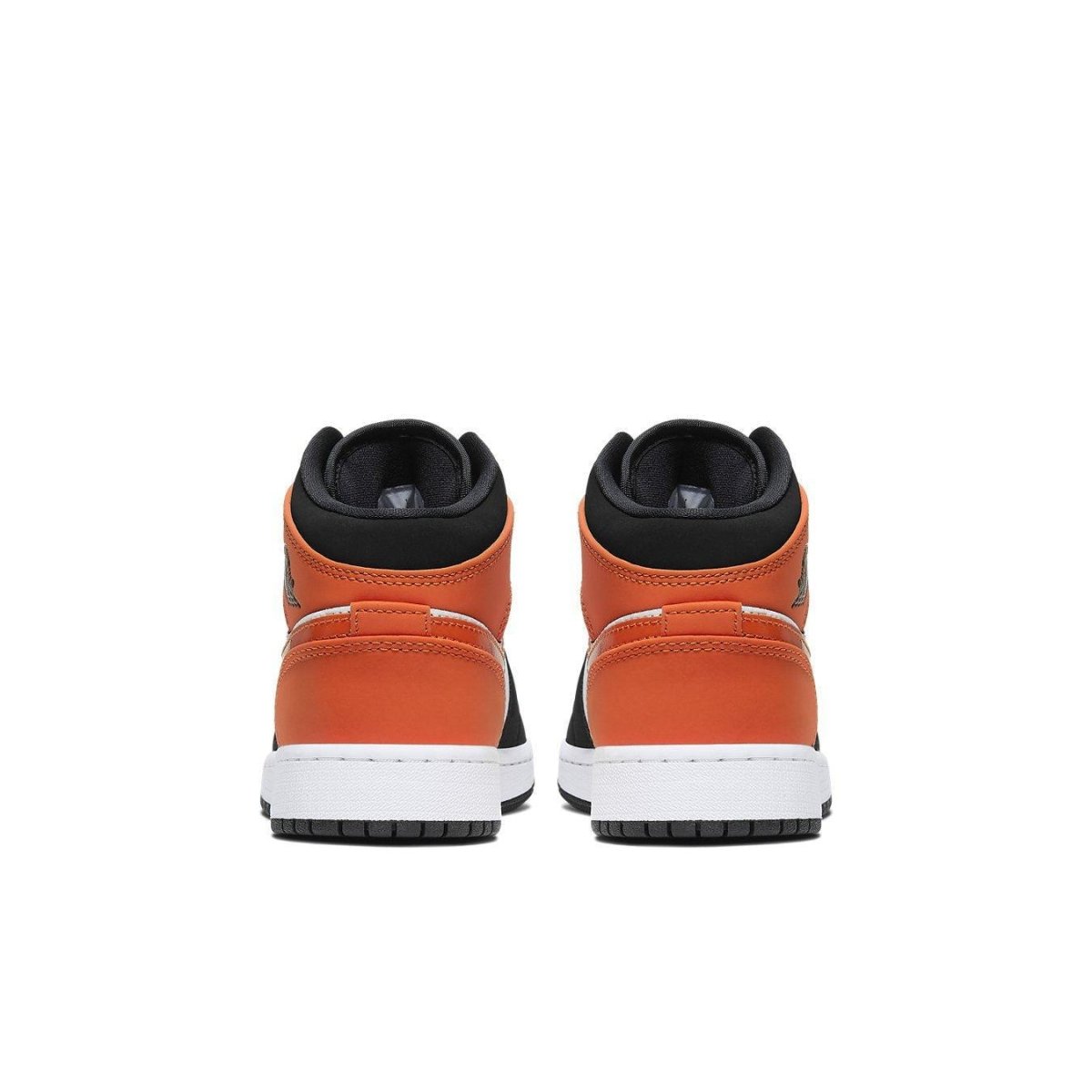 Rear view of Air Jordan 1 Mid Shattered Backboard GS shoes in orange, black, and white.