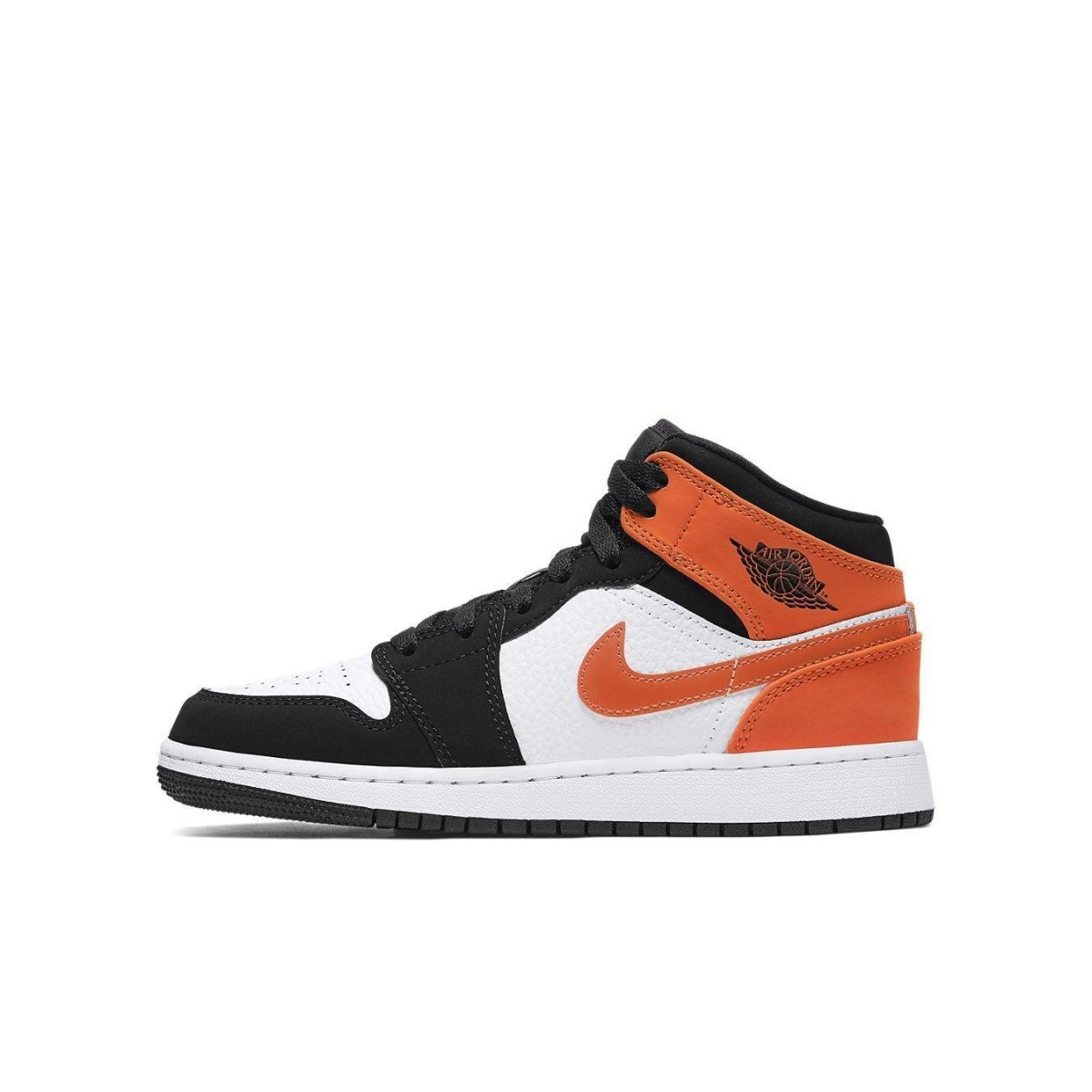 Jordan 1 Mid Shattered Backboard GS sneaker in black, white, and orange from the side view.