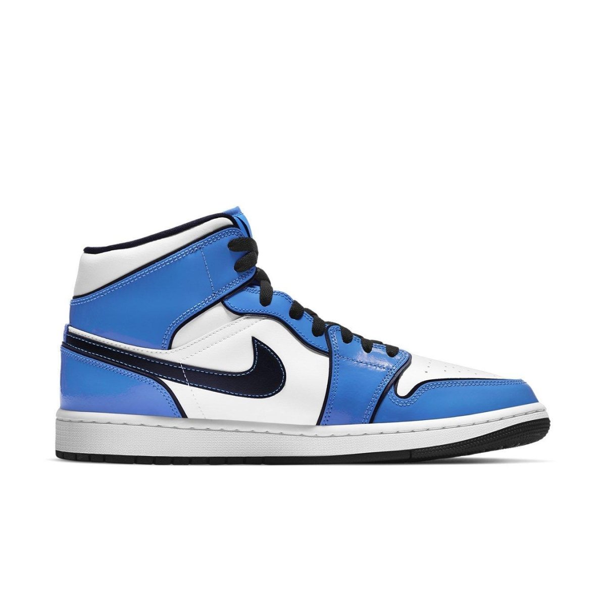 Jordan 1 Mid Signal Blue sneaker featuring bright blue and white panels with black detailing.